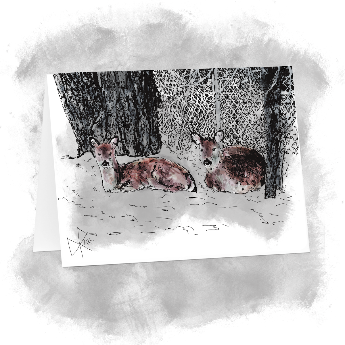Two deer relaxing for a bit in a suburban backyard. Stay safe, ungulates - a lot of cars out there. Sketch art by Don Rice. Two deer relaxing for a bit in a suburban backyard. Stay safe, ungulates - a lot of cars out there. Sketch art by Don Rice.
