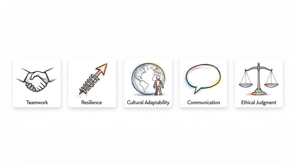 Five cards with icons for teamwork, resilience, cultural adaptability, communication, and ethical judgment.