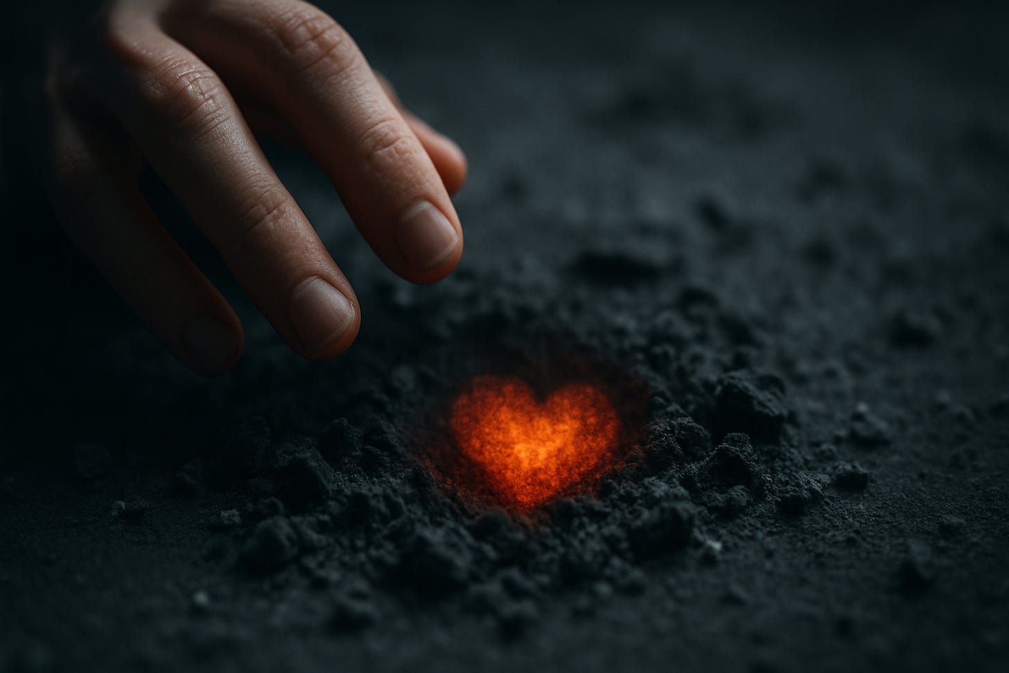 brushing the ash off a glowing ember shaped like a heart
