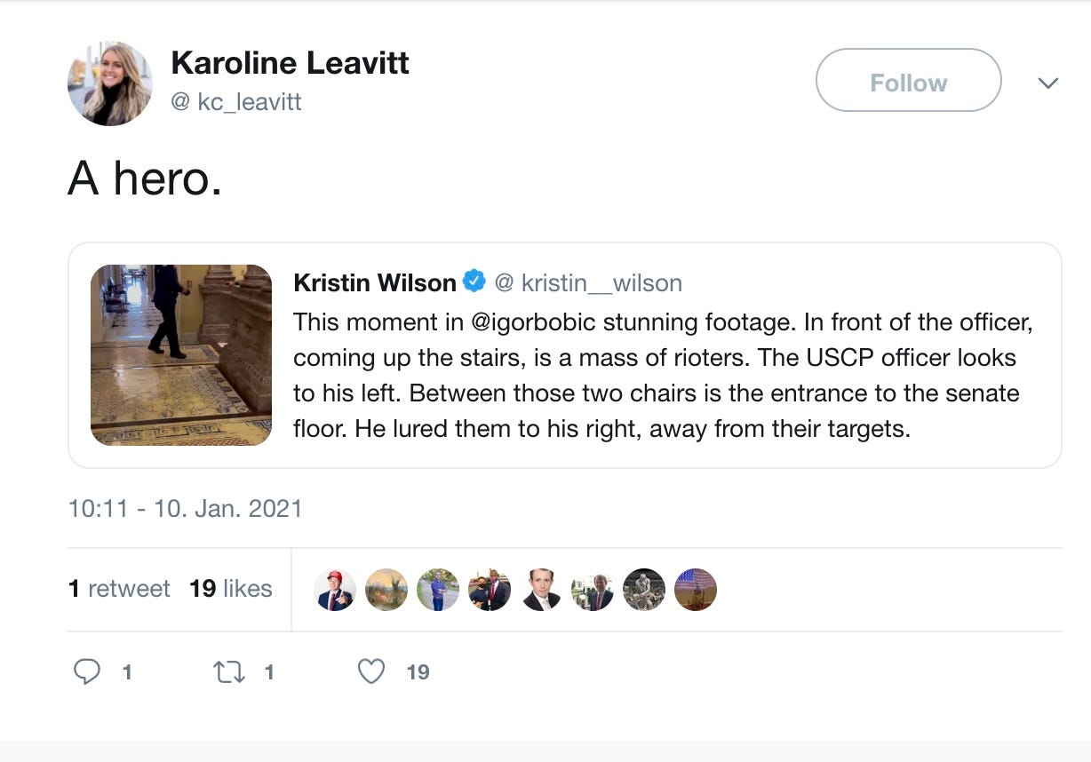 This moment in @igorbobic stunning footage. In front of the officer, coming up the stairs, is a mass of rioters. The USCP officer glances to his left. Between those two chairs is the entrance to the senate floor. He lured them to his right, away from their targets. This moment in @igorbobic stunning footage. In front of the officer, coming up the stairs, is a mass of rioters. The USCP officer glances to his left. Between those two chairs is the entrance to the senate floor. He lured them to his right, away from their targets.