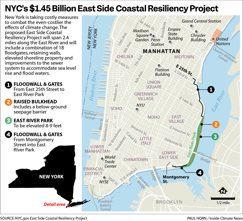 Graphic map of Manhattan East Side $1.45 billion seawall project