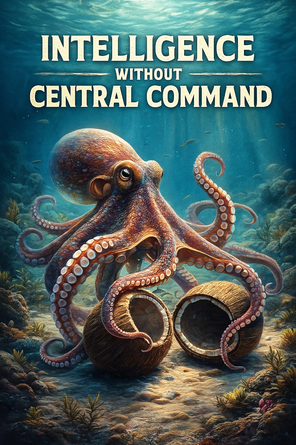 A highly detailed, lifelike underwater illustration of an octopus demonstrating “intelligence without central command.” The octopus sits on a sunlit seafloor, surrounded by coral and drifting particles, while manipulating two split coconut shells with its arms. Its tentacles curl expressively, showcasing independent movement and coordination. Sunbeams filter through the water above, creating a serene and vivid ocean atmosphere. The overall image highlights the octopus’s problem-solving ability and decentralised intelligence.