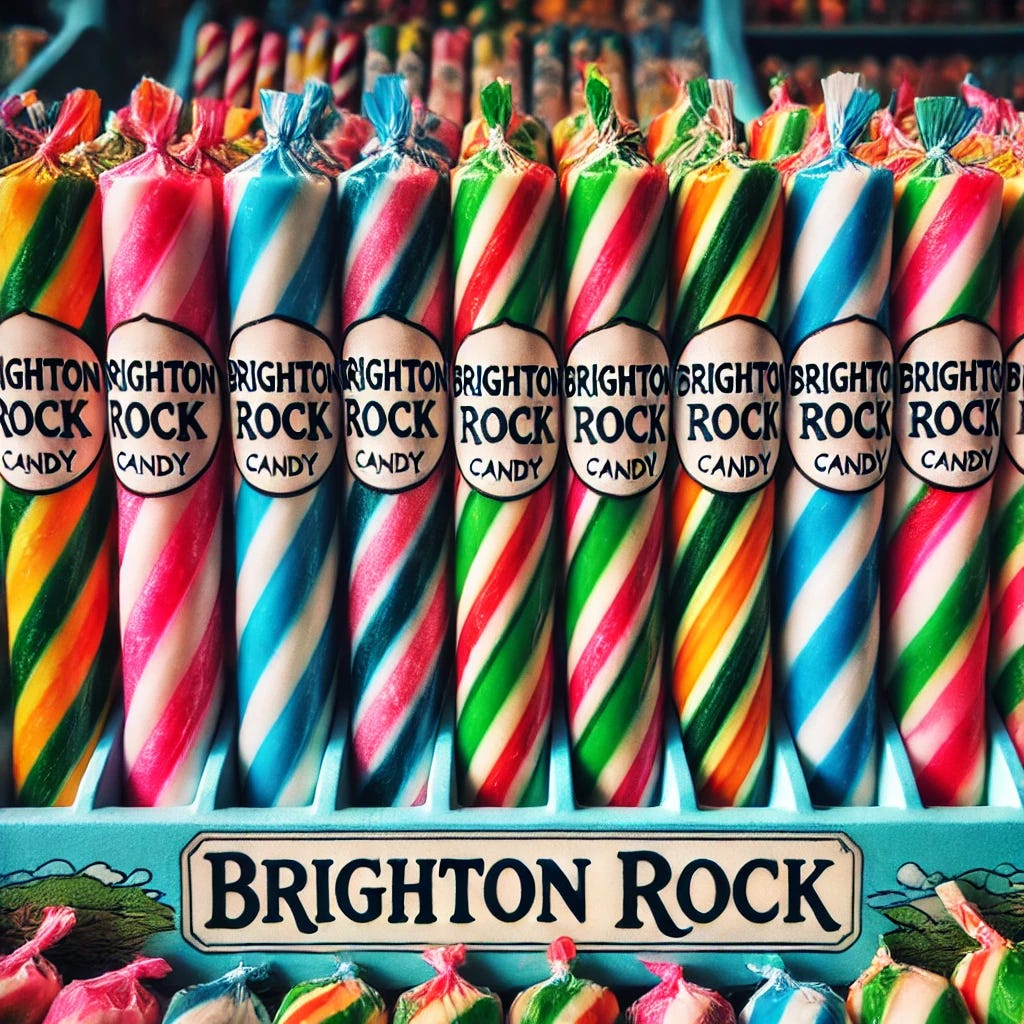 A colorful and detailed image of Brighton Rock candy sticks arranged neatly in a display. The candy sticks are vibrant, striped with various bright colors such as pink, blue, yellow, and green. Each stick has the words 'Brighton Rock' running through the center, visible when the ends are cut. The setting is cheerful, evoking a seaside vibe, with subtle hints of a background like a beach or a seaside stall. The image is well-lit, highlighting the glossy texture of the candy.