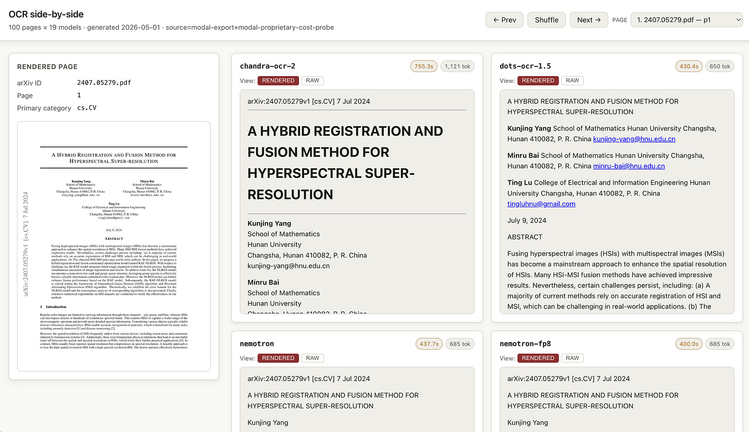 The OCR results viewer showing a rendered source page next to OCR output from chandra-ocr-2, dots-ocr-1.5, nemotron, and nemotron-fp8, with per-model latency and token counts.
