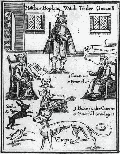 The front piece from Matthew Hopkin's book the Discovery of Witches. It shows Matthew in a room surrounded by creatures deemed to be witch's familiars. The front piece from Matthew Hopkin's book the Discovery of Witches. It shows Matthew in a room surrounded by creatures deemed to be witch's familiars.