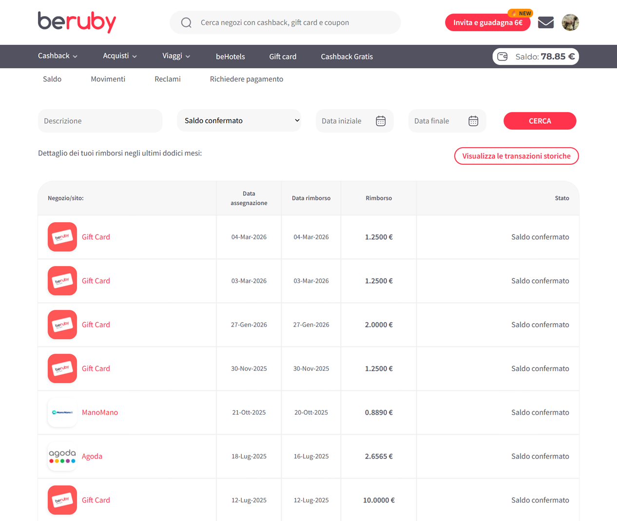 Uno screenshot della pagina del mio saldo su Beruby Uno screenshot della pagina del mio saldo su Beruby