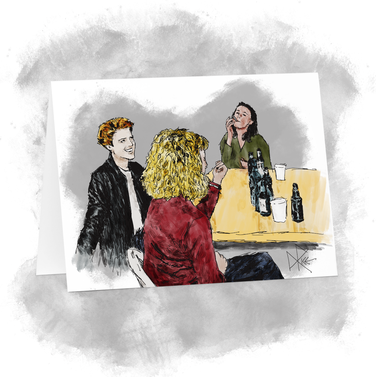 Three people seated around a kitchen table, socializing as a party swirls around them. Sketch art by Don Rice.