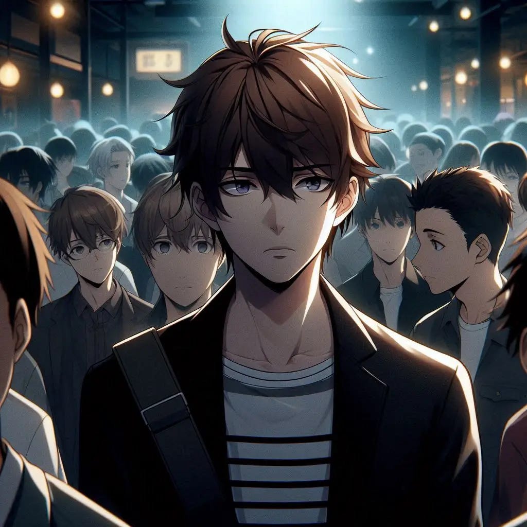 a young man with brown hair standing in a crowd at a night club looking around almost paranoidly in the middle of the night looking a little blank faced. anime art style dark.