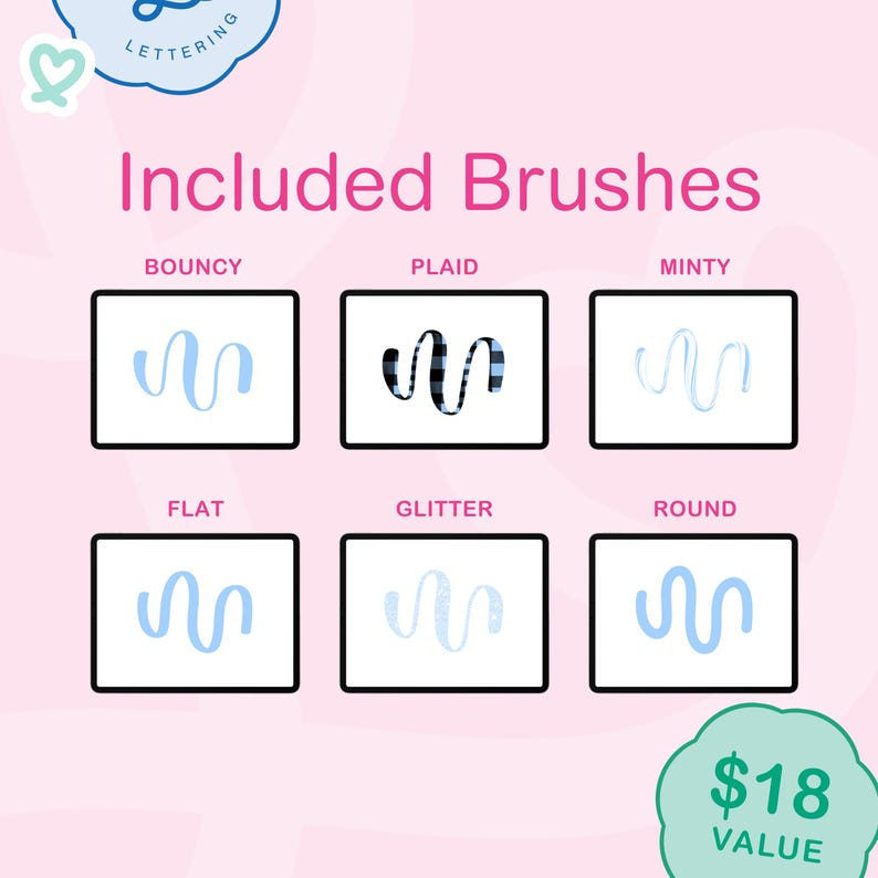 a collection of six different brushes, each with a unique design and color, arranged in a grid format. The brushes are labeled as "BOUNTY", "PLAIN", "MINTY", "FLAT", "GLITTER", and "ROUND". The image also includes a price tag of "$18" indicating the value of the included brushes.