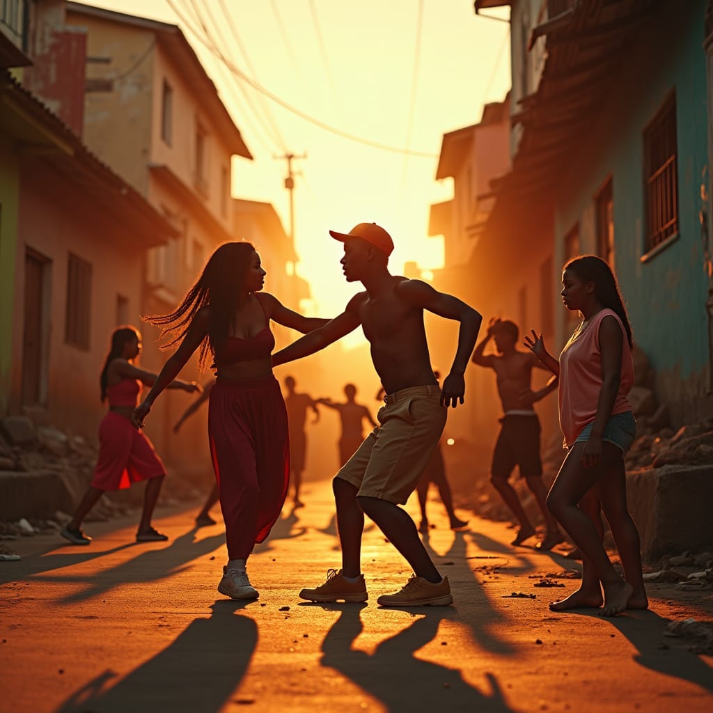 Vibrant street dance scene in a gritty Jamaican ghetto, lit by warm, golden cinematic lighting, with deep shadows and a shallow depth of field, evoking the gritty realism of a live-action film still. Inspired by the works of Gordon Parks, with his mastery of capturing the beauty in urban decay, and the vivid color palettes of Saul Leiter, this image blends the gritty textures of the ghetto with the dynamic energy of the street dancers.