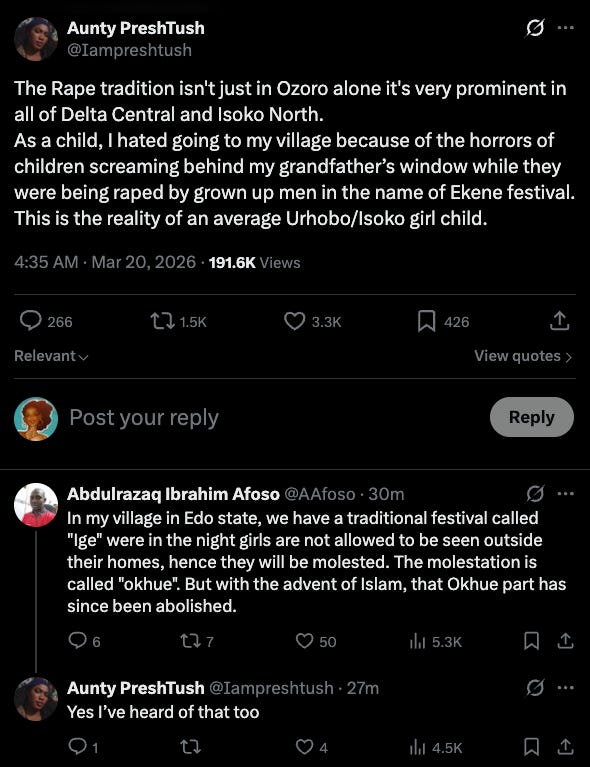 Screenshots of multiple witness accounts that the mass rape festival has been a longstanding tradition Screenshots of multiple witness accounts that the mass rape festival has been a longstanding tradition