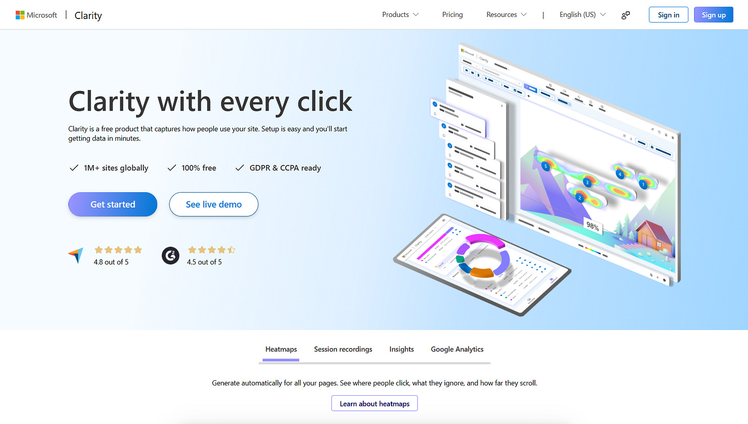 Snímek obrazovky z webu Microsoft Clarity