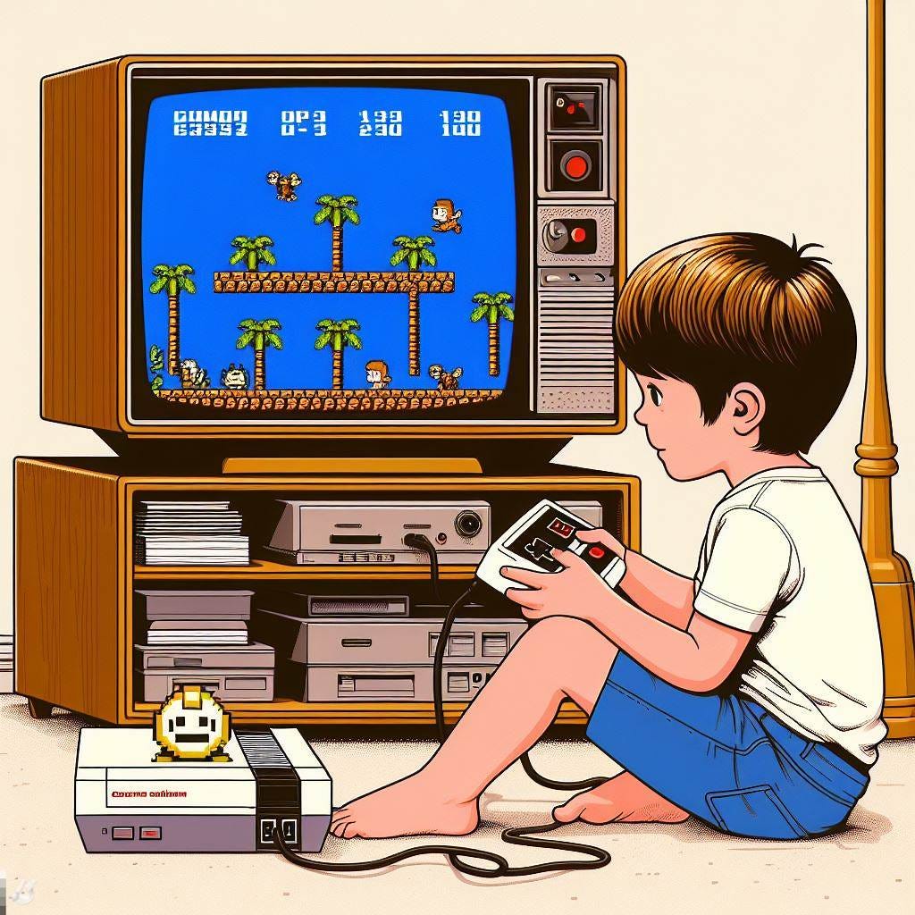 hazme una imagen de un niño jugando a una consola de vídeo retro en un televisor con estetica de 16 bits