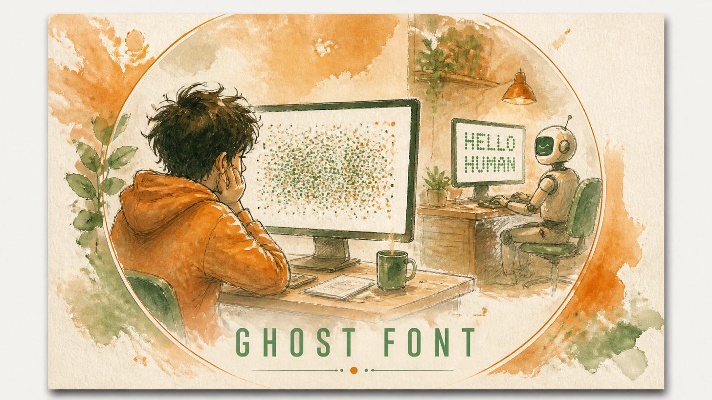 A person struggles to read a screen of drifting dots while an AI robot behind them easily reads the hidden HELLO HUMAN message — Ghost Font versus AI vision. A person struggles to read a screen of drifting dots while an AI robot behind them easily reads the hidden HELLO HUMAN message — Ghost Font versus AI vision.