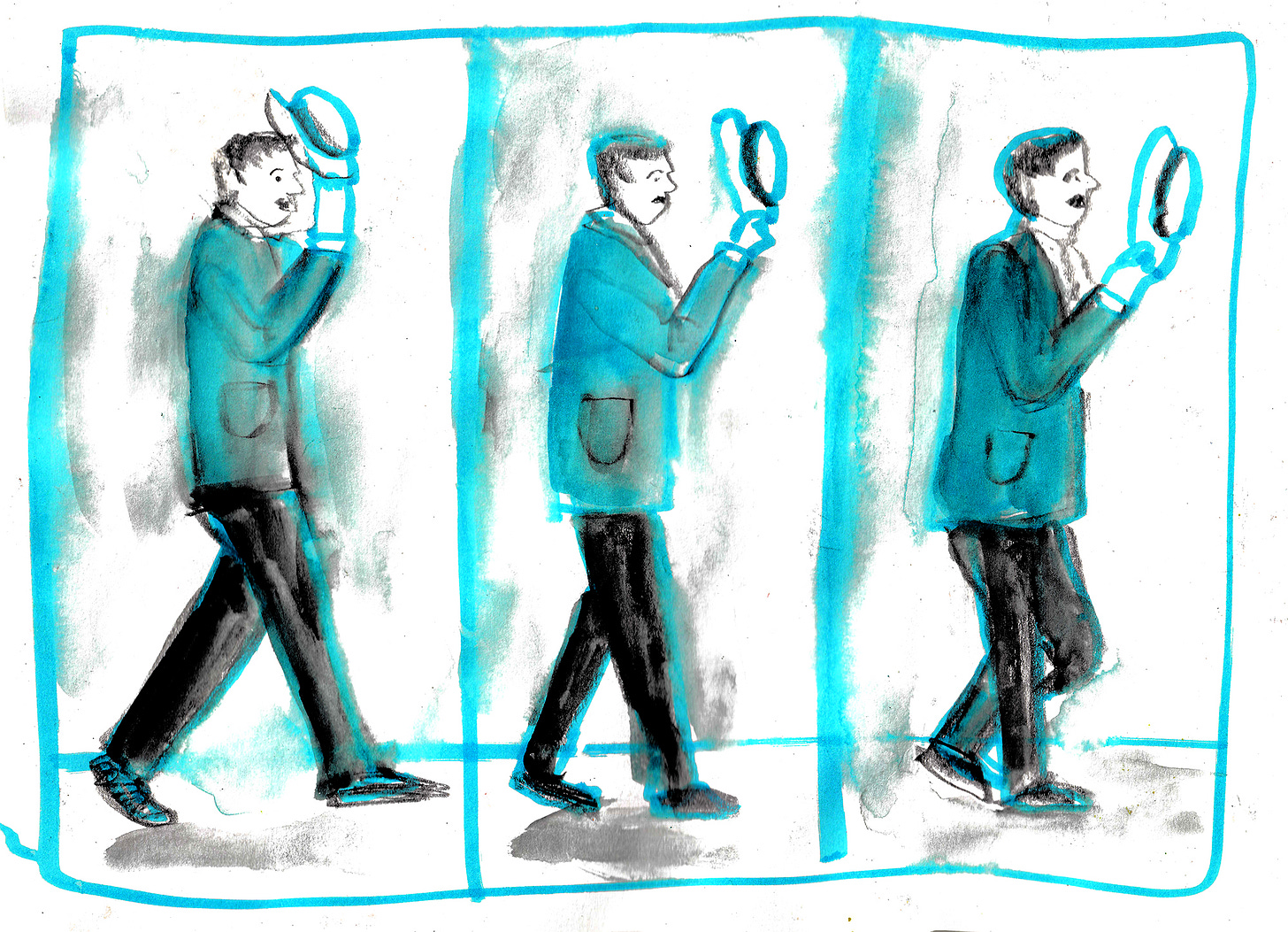sketches of man walking tipping his hat by Beth Spencer