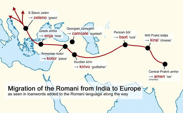 r/MapPorn - Migration of the Romani ('gypsy') language, and the loanwords it picked up along the way