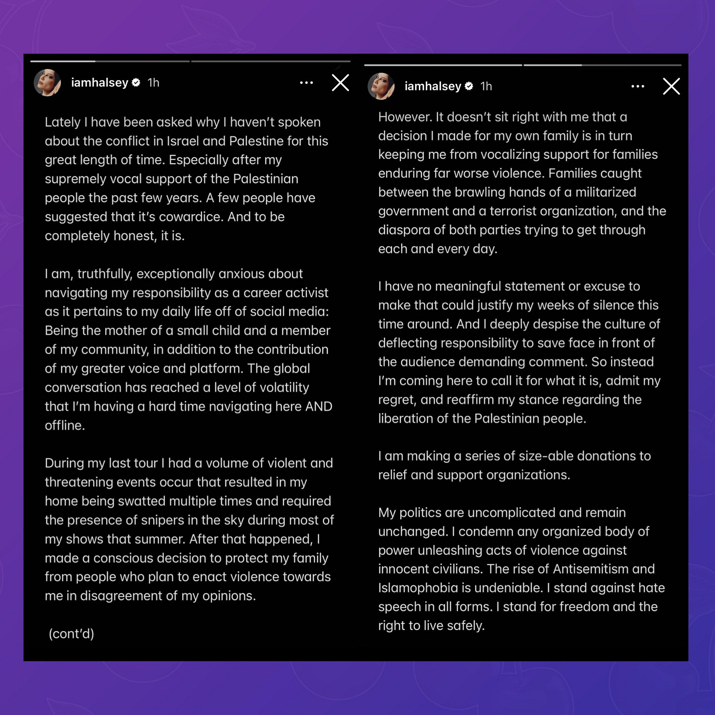 Screenshots of Instagram posts from Halsey discussing Palestine.