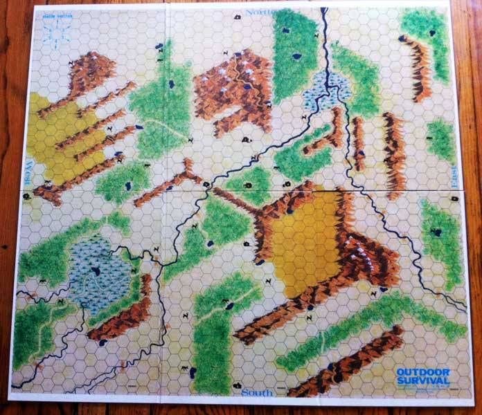 Map board from Outdoor Survival, Avalon Hill, 1972.
The 6-panel map unfolds to 22 x 24 inches, representing 13,200 square miles. Terrain on the map represents woods/rough, desert, mountains, river, swamp, fords, and catch-basins.
The only other...