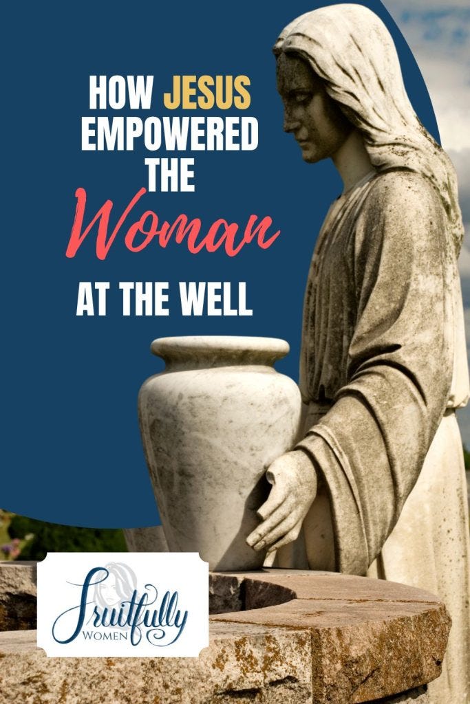 Image with words, "How Jesus Empowered the woman at the well," and a statue of a woman with a bucket next to a well. Image with words, "How Jesus Empowered the woman at the well," and a statue of a woman with a bucket next to a well.