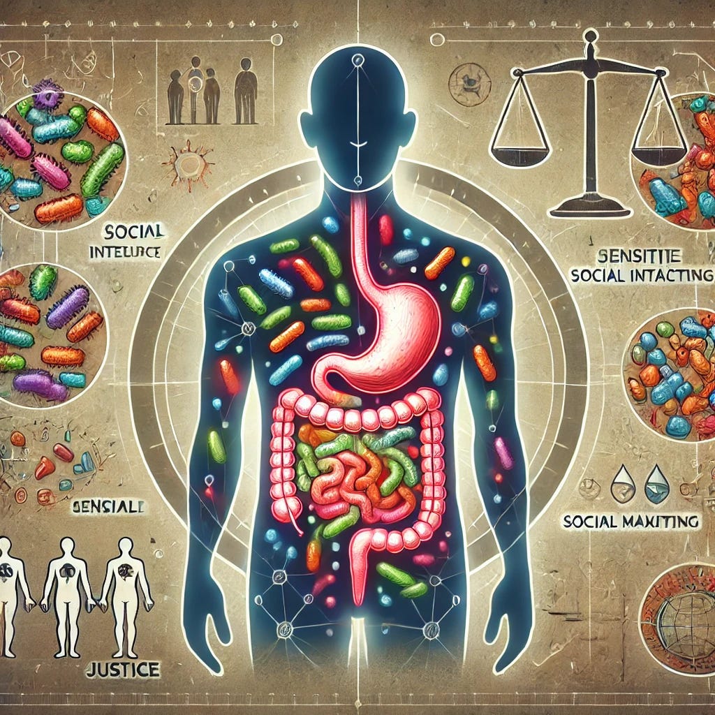 A detailed illustration showing a human silhouette with a highlighted gut area, filled with various colorful bacteria. Around the silhouette, there are icons representing social interactions and justice scales to depict decision-making and sensitivity to social fairness. The background has a subtle, abstract design that suggests scientific research and human behavior.