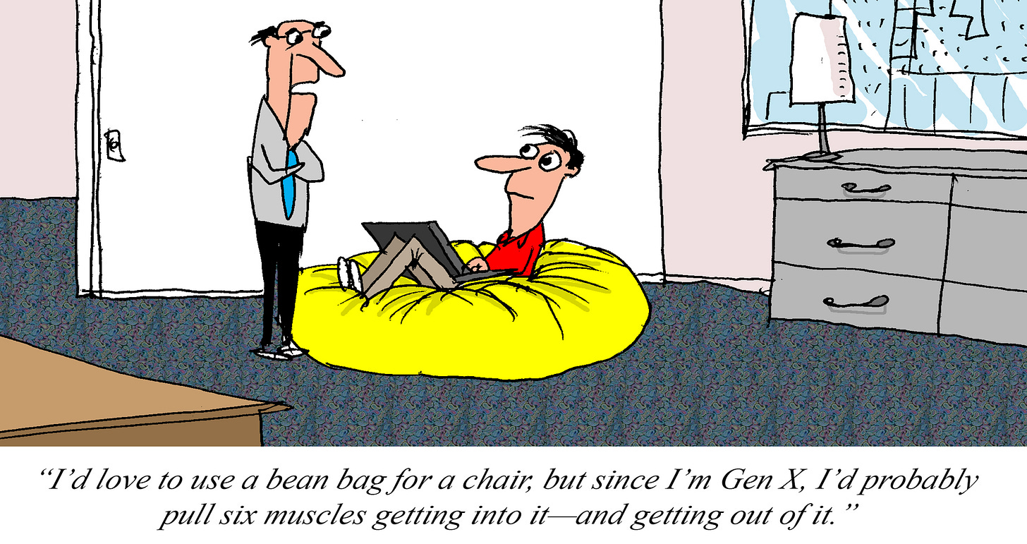Cartoon of a man sitting on a bright yellow bean bag chair while using a laptop, as another man in business attire stands nearby, with a caption joking that as Gen X he’d hurt himself getting in and out of the bean bag.
