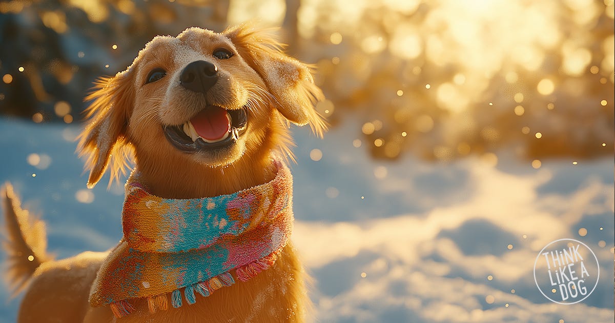 A happy golden retriever wearing a colorful scarf, enjoying a snowy winter day. The scene reflects the joy and mindfulness of the 'Think Like a Dog' philosophy. Cozy vibes, playful spirit—just like our dog-themed apparel and winter-ready hoodies.