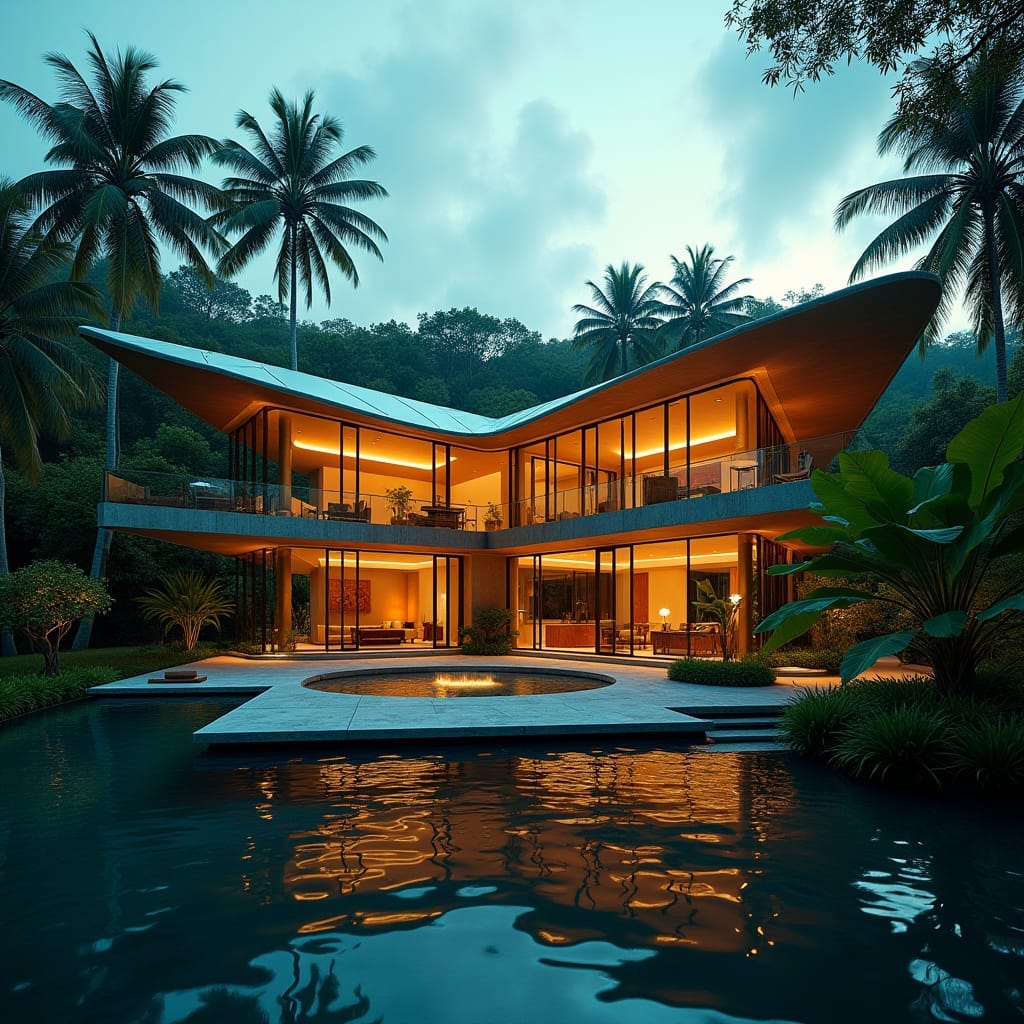 A luxurious modern Jamaican property with a striking Butterfly Roof, set amidst a lush tropical landscape, bathed in warm, golden cinematic lighting.