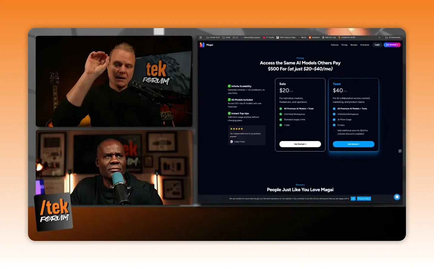 Podcast split-screen showing hosts on the left and Magai pricing and workspace UI on the right Podcast split-screen showing hosts on the left and Magai pricing and workspace UI on the right