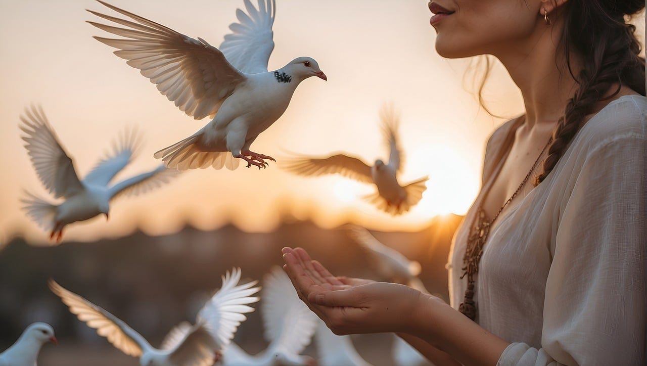 A woman praying with her palms raised up toward Heaven while white doves fly around her.