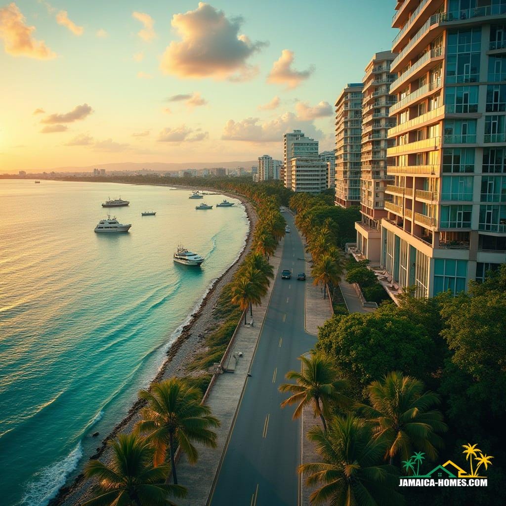 High-rise condos soaring above Montego Bay’s coast, reflective glass towers with tropical greenery spiraling upward, elevated walkways crossing between buildings, fishing boats on the water below