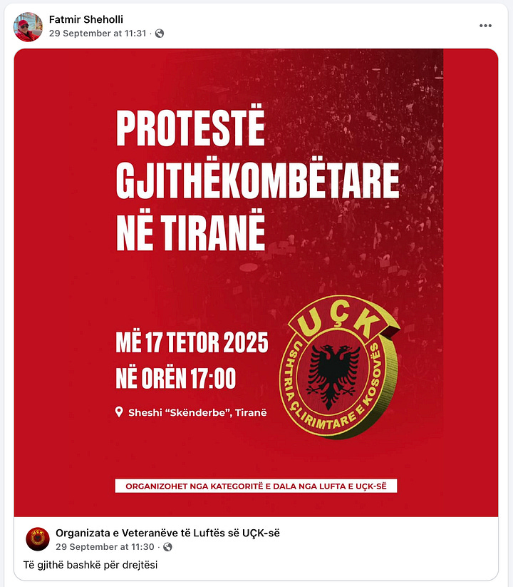 Më 9 shtator 2025: Sheholli shpërndan posterin “Protesta vazhdon në Hagë – 14 shtator, ora 14:00” me shënimin “Deri në lirimin definitiv”; 14 shtator 2025: selfie me kapele kamuflazhi me stemën e UÇK-së dhe tekstin “SOT HAGA FRYMON UÇK… Liri për çlirimtarët! Zoti e bekoftë UÇK-në!”; Më 29 shtator 2025: thirrje për “Protestë Gjithëkombëtare në Tiranë” më 17 tetor, ora 17:00; 2 tetor 2025: postim me portretin e Ali Ahmetit para logos së UÇK-së, me mesazhin “Atdheu, kombi e UÇK janë hyjnor! 17 Tetor në Tiranë.”