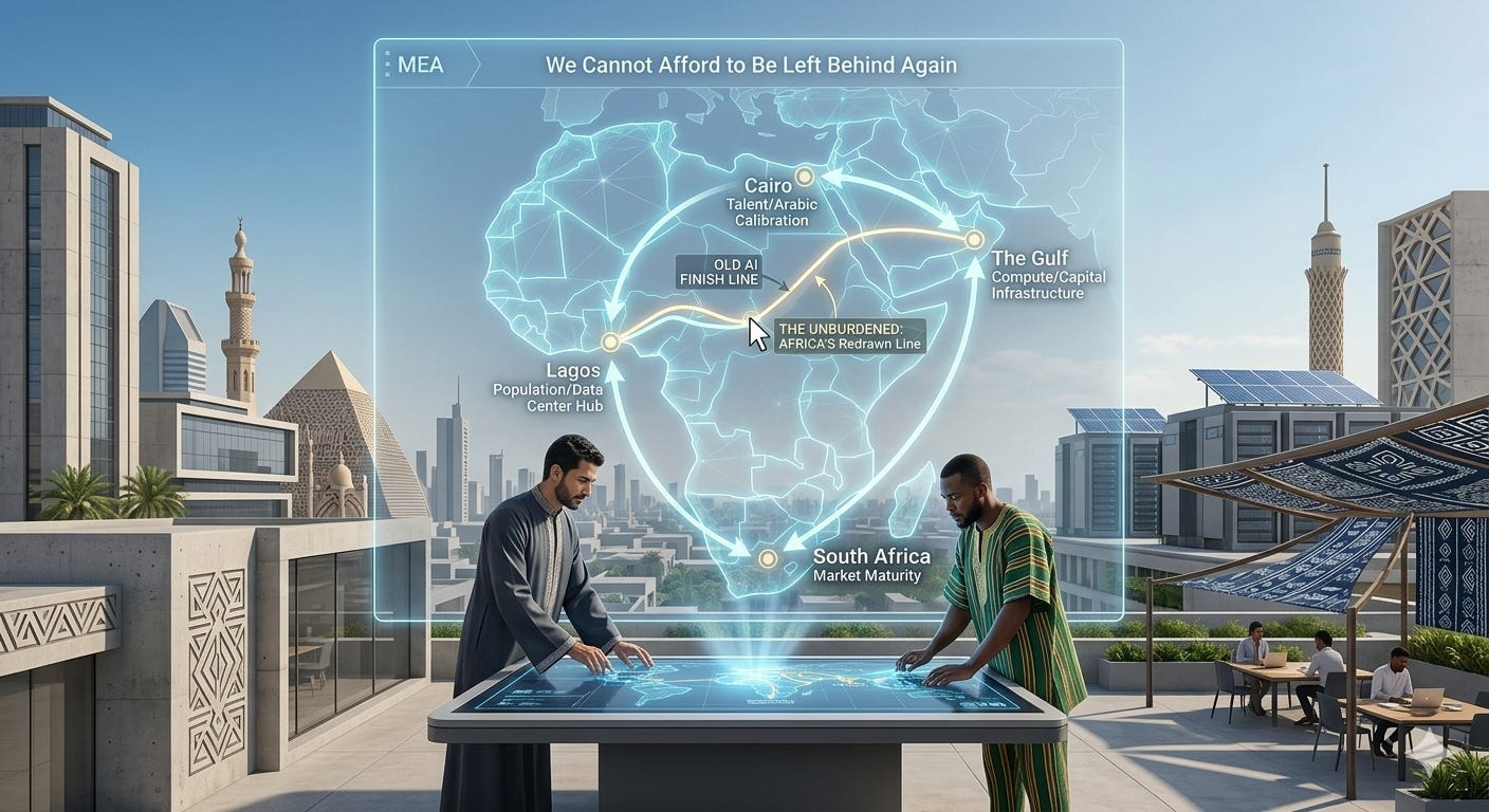A wide-angle, cinematic view of a rooftop in a modern African tech hub, where the Pyramids of Giza are visible on the horizon alongside futuristic solar-powered skyscrapers. In the foreground, two male tech architects—one in a modern Egyptian Galabeya and the other in a traditional Nigerian Agbada—lean over a glowing holographic table. The hologram displays a blue digital map of the MEA region, highlighting a 'Power Square' connecting Cairo, Lagos, the Gulf, and South Africa. A bright, golden line physically redraws a new path across the continent, labeled 'THE UNBURDENED: AFRICA'S REDRAWN LINE.' The atmosphere is collaborative, sophisticated, and optimistic.