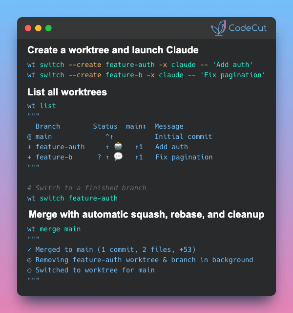 Code example: Worktrunk: Give Every AI Agent Its Own Branch in Seconds Code example: Worktrunk: Give Every AI Agent Its Own Branch in Seconds