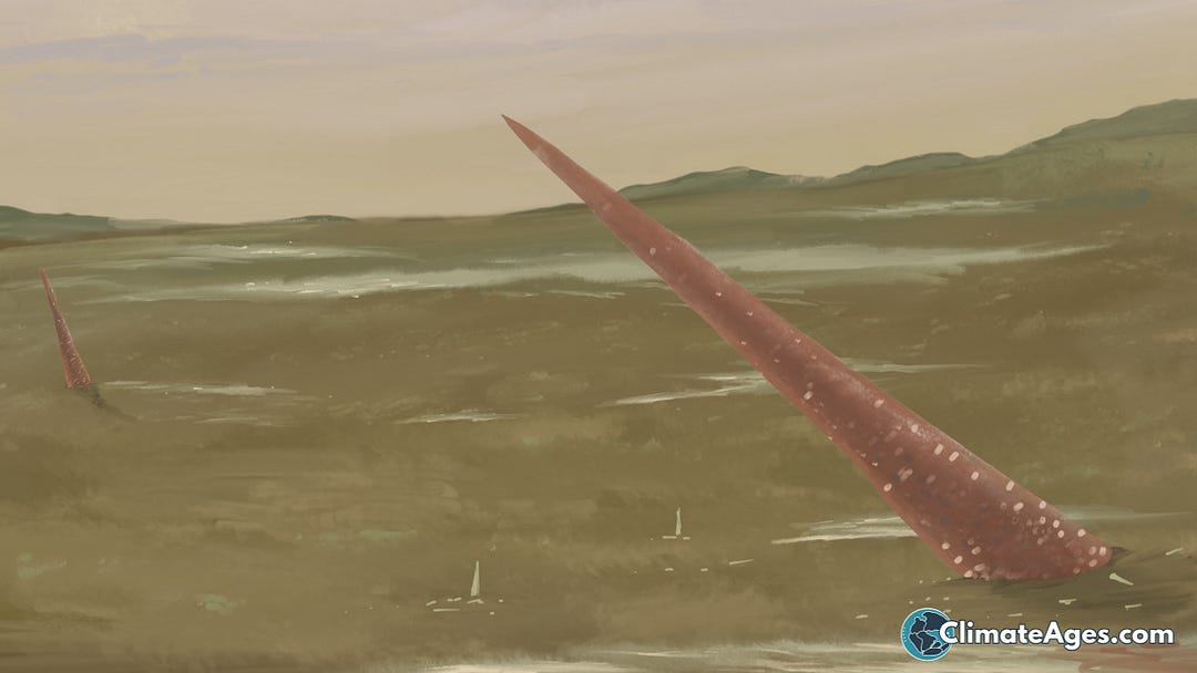 An illustration depicting Cameroceras shells sticking out of the mud as a result of draining seaways during the Ordovician–Silurian extinction event