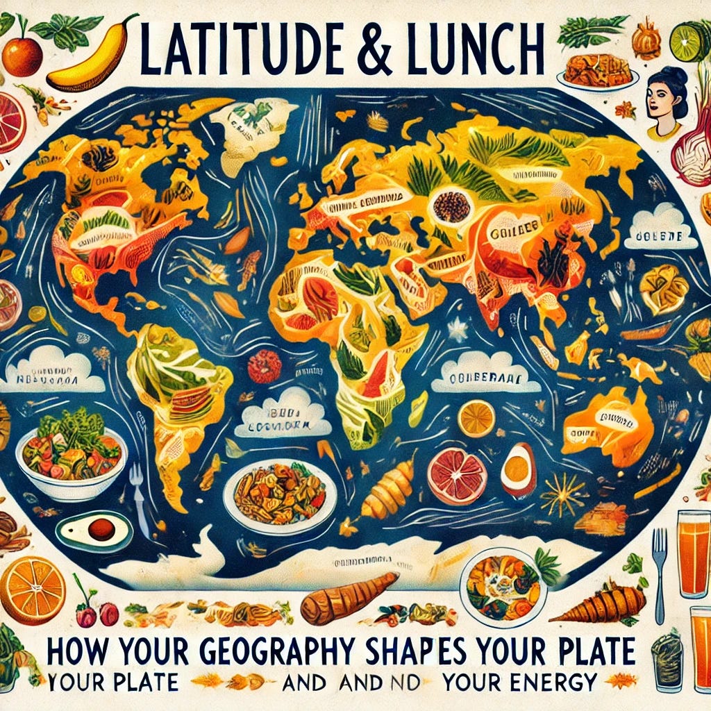 A vibrant illustration depicting a world map with diverse foods representing different regions and latitudes. The map shows various food items like tropical fruits in equatorial regions, hearty stews and root vegetables in colder climates, and Mediterranean dishes in temperate zones. In each region, the foods are arranged with visuals of people enjoying meals that match the local cuisine, symbolizing how geography shapes diet. The overall tone is warm and inviting, with an emphasis on how different latitudes influence food and energy levels in people’s lives. Title at the top: 'Latitude & Lunch: How Your Geography Shapes Your Plate (and Your Energy)'
