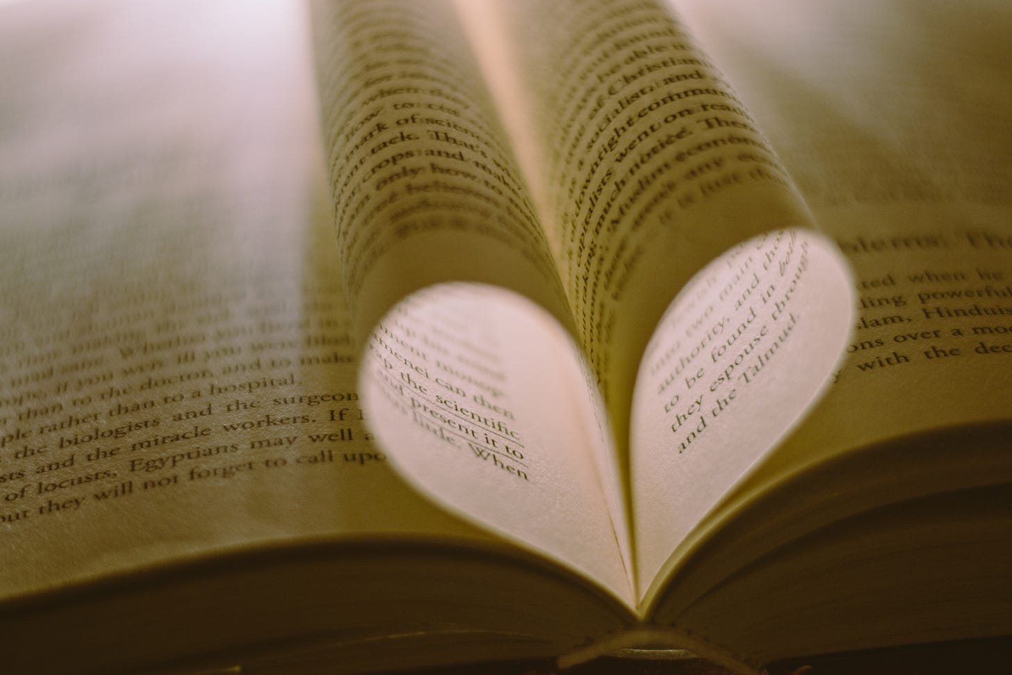 A close-up view of an open book with two adjacent pages folded inwards, their curved edges meeting in the center crease to form a three-dimensional heart shape. The image has a warm, cozy lighting, with the surrounding text on the pages slightly blurred in the background.