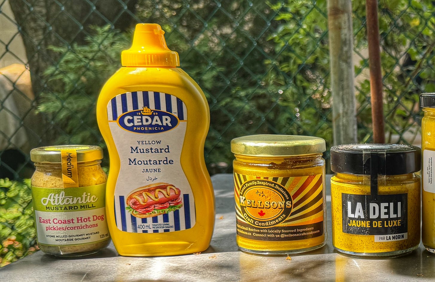 From left to right, jars and bottles as named in the caption, sitting on a metal table in a backyard. From left to right, jars and bottles as named in the caption, sitting on a metal table in a backyard.