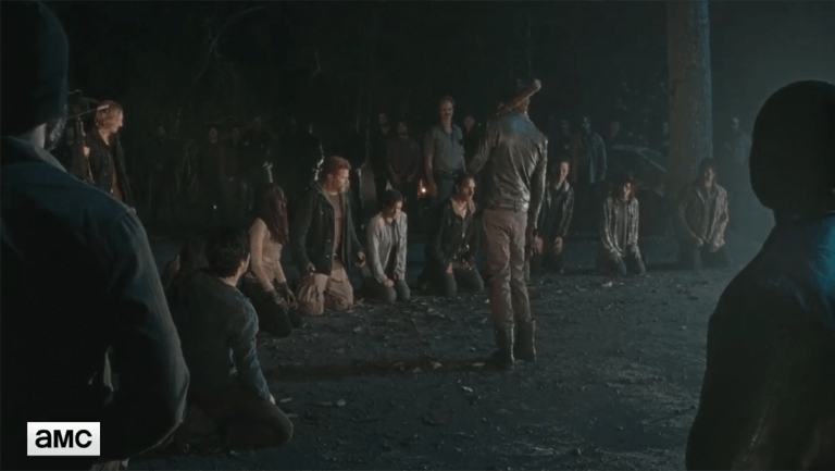the walking dead group on knees with negan the walking dead group on knees with negan