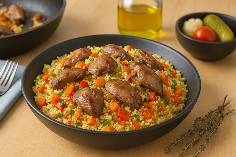 Cușcuș cu ficăței și legume