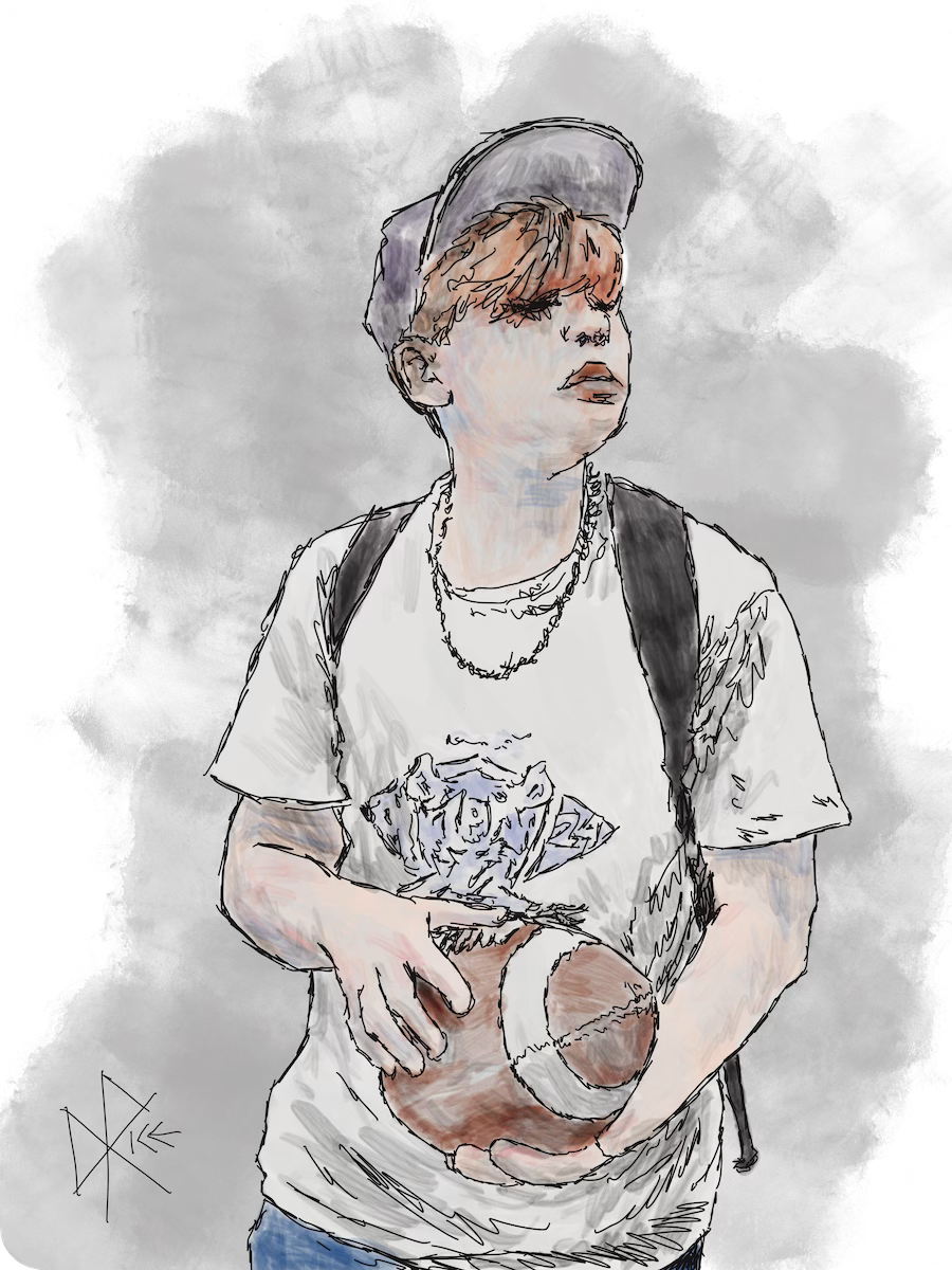 A boy wearing a ball cap and backpack while holding a football in his hands, peering through his orange-dyed bangs. Sketch art by Don Rice. A boy wearing a ball cap and backpack while holding a football in his hands, peering through his orange-dyed bangs. Sketch art by Don Rice.