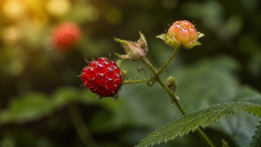 A single ripe wild blackberry hangs beside an unopened berry on a bramble stem, illustrating the season of fulfillment. A single ripe wild blackberry hangs beside an unopened berry on a bramble stem, illustrating the season of fulfillment.