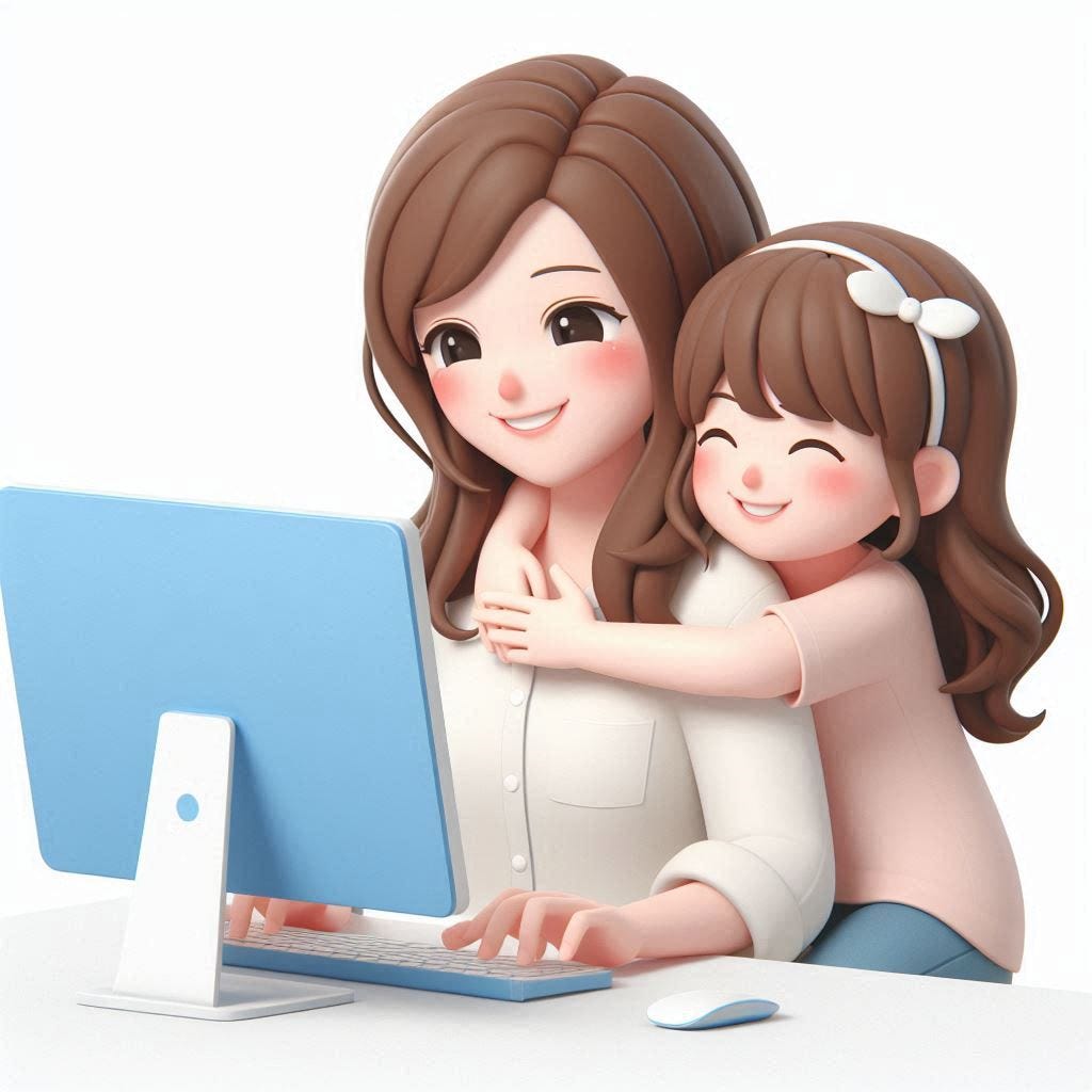 imagem de uma mae trabalhando feliz no computador com uma filha abralando-a, também feliz. imagem fofa 3d, minimalista com fundo branco. imagem de uma mae trabalhando feliz no computador com uma filha abralando-a, também feliz. imagem fofa 3d, minimalista com fundo branco.