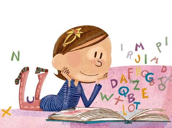 This may contain: a drawing of a girl reading a book on a pink couch with letters all over her This may contain: a drawing of a girl reading a book on a pink couch with letters all over her
