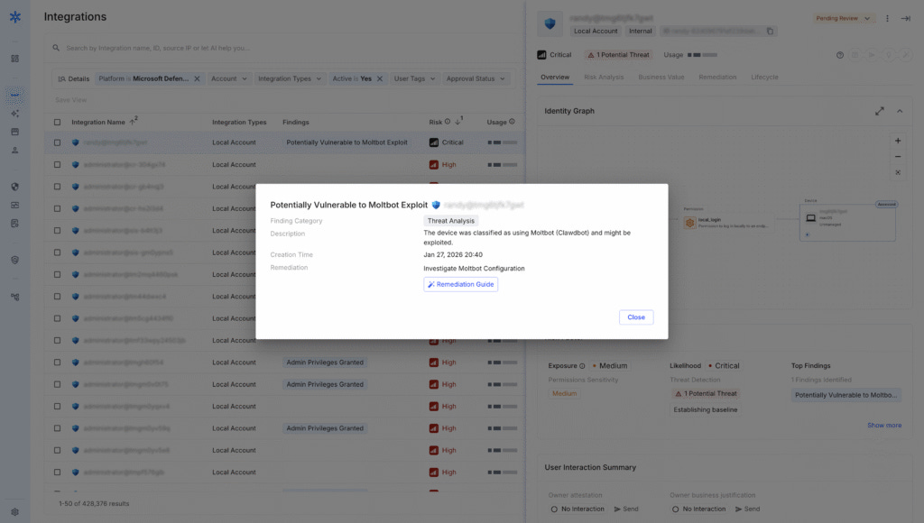 Moltbot exploit alert as flagged in the Astrix platform.