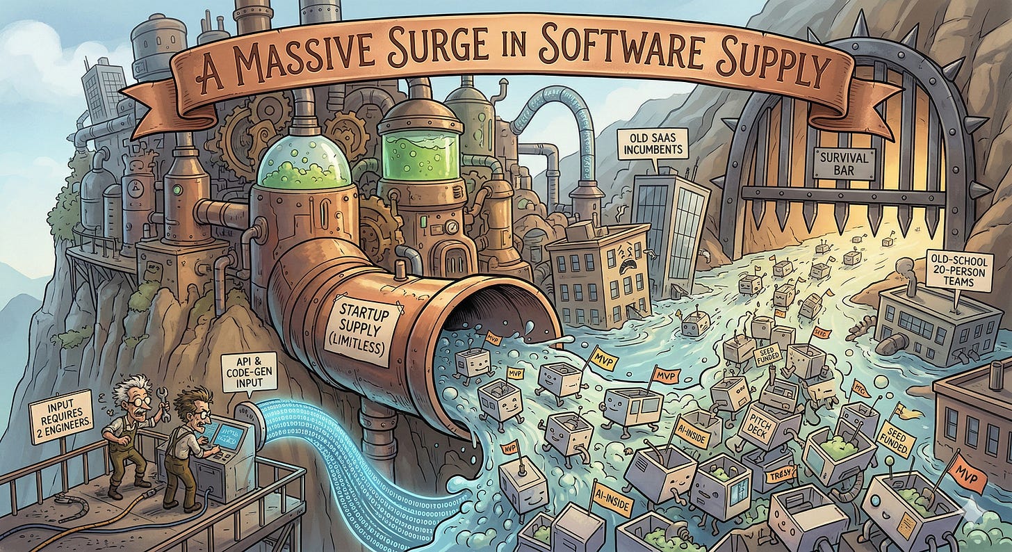 A cartoon depicts a machine labeled "Startup Supply" pouring numerous small boxes into a river. Two engineers look concerned at a nearby control panel.