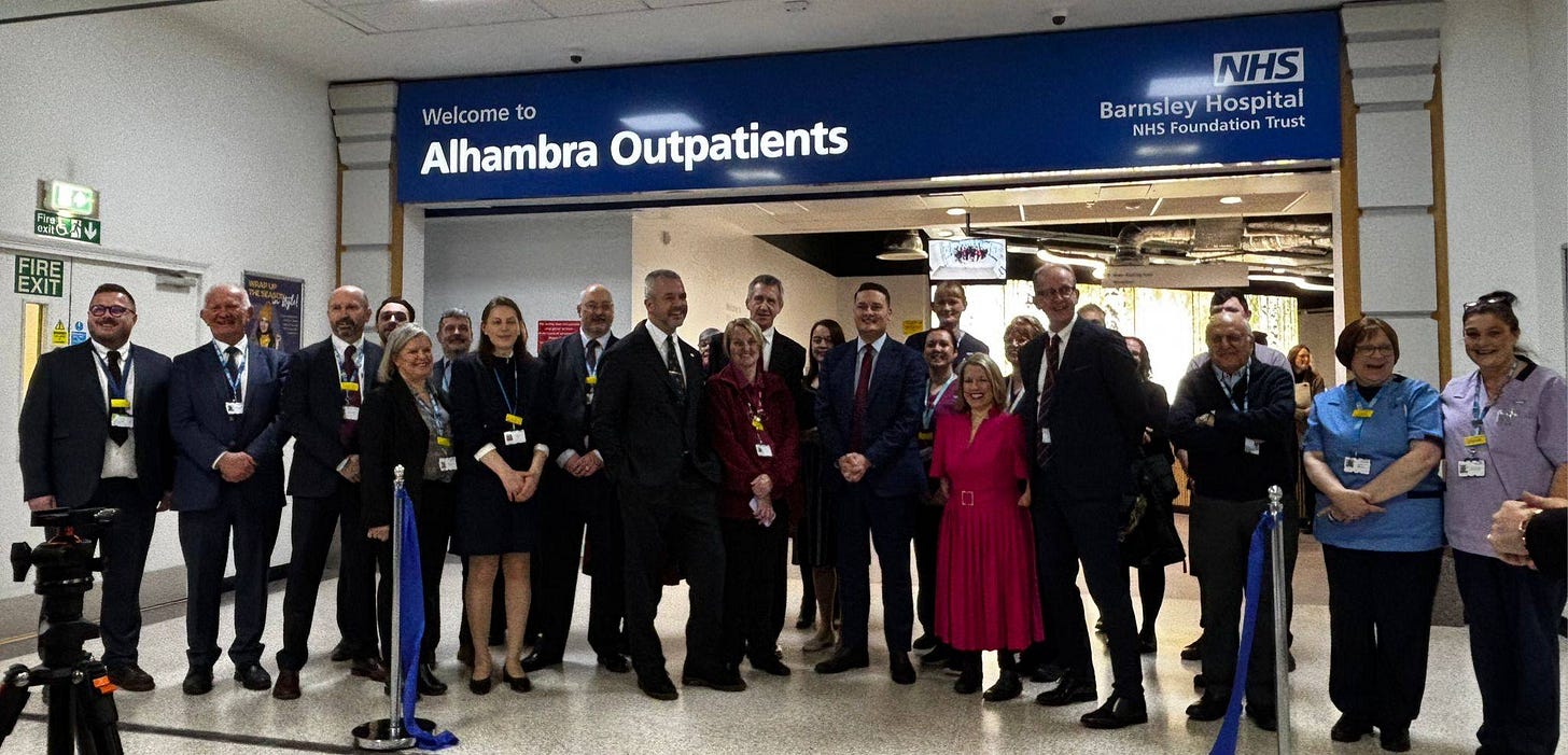 May be an image of one or more people and text that says "田式ッ 田店 FIRE EXIT Welcome to Alhambra Outpatients NHS BarnsleyHospital Barnsley Hospital NHS oundation Trust 대일"