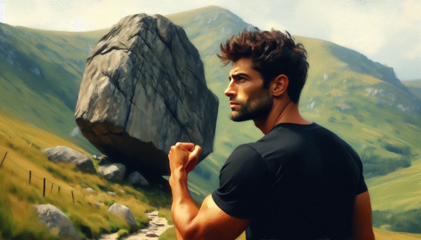 A handsome man in a black-t-shirt stares at a large boulder at the base of a formidably steep hill. Slight impressionist style.