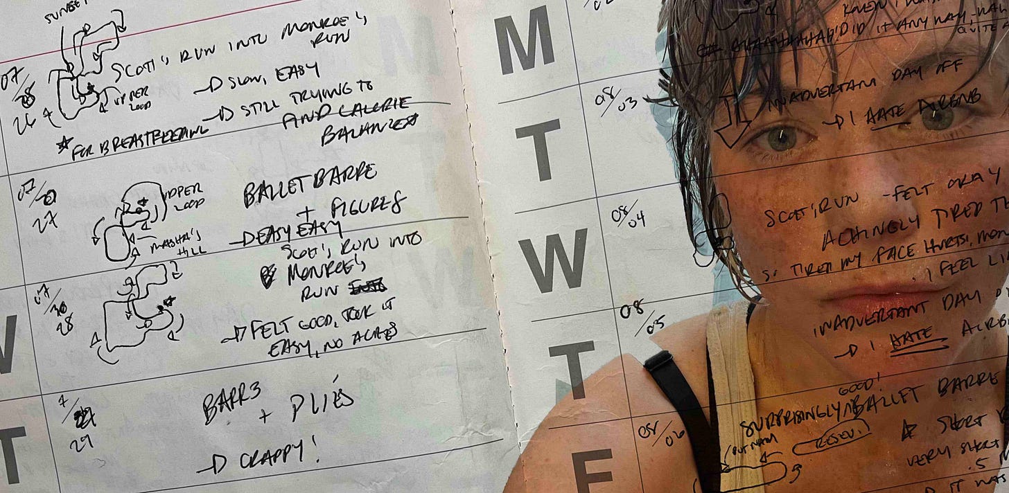 A composite image of the author overlaid with her running log entries