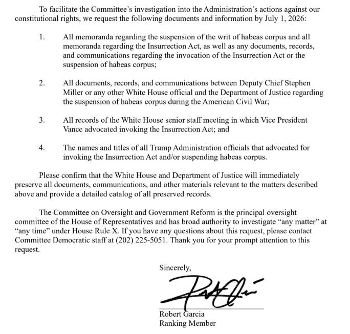 Congress Launches Probe into Trump White House Consideration of Suspending Habeus Corpus