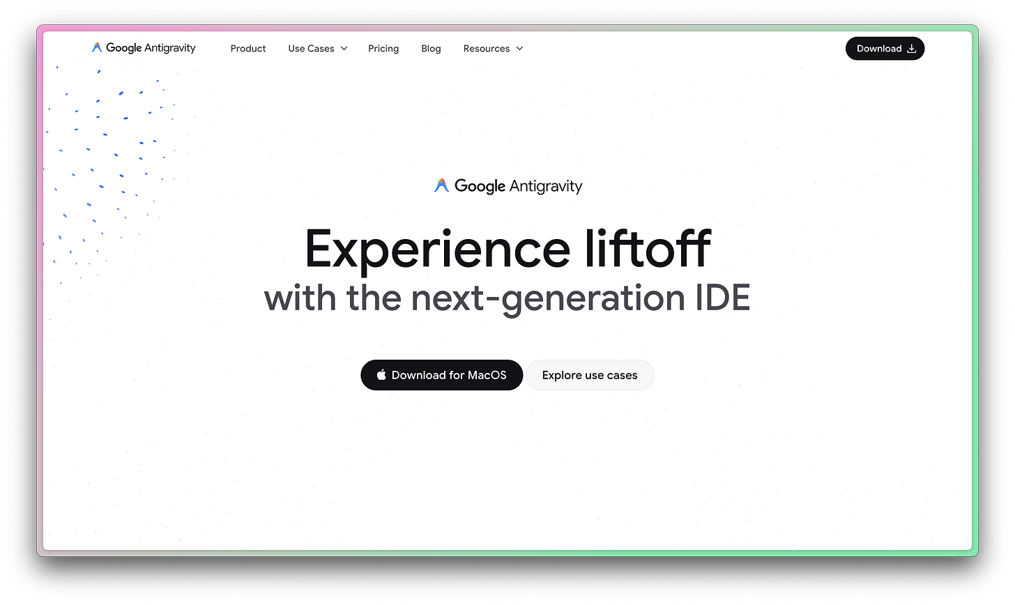 The Google Antigravity homepage